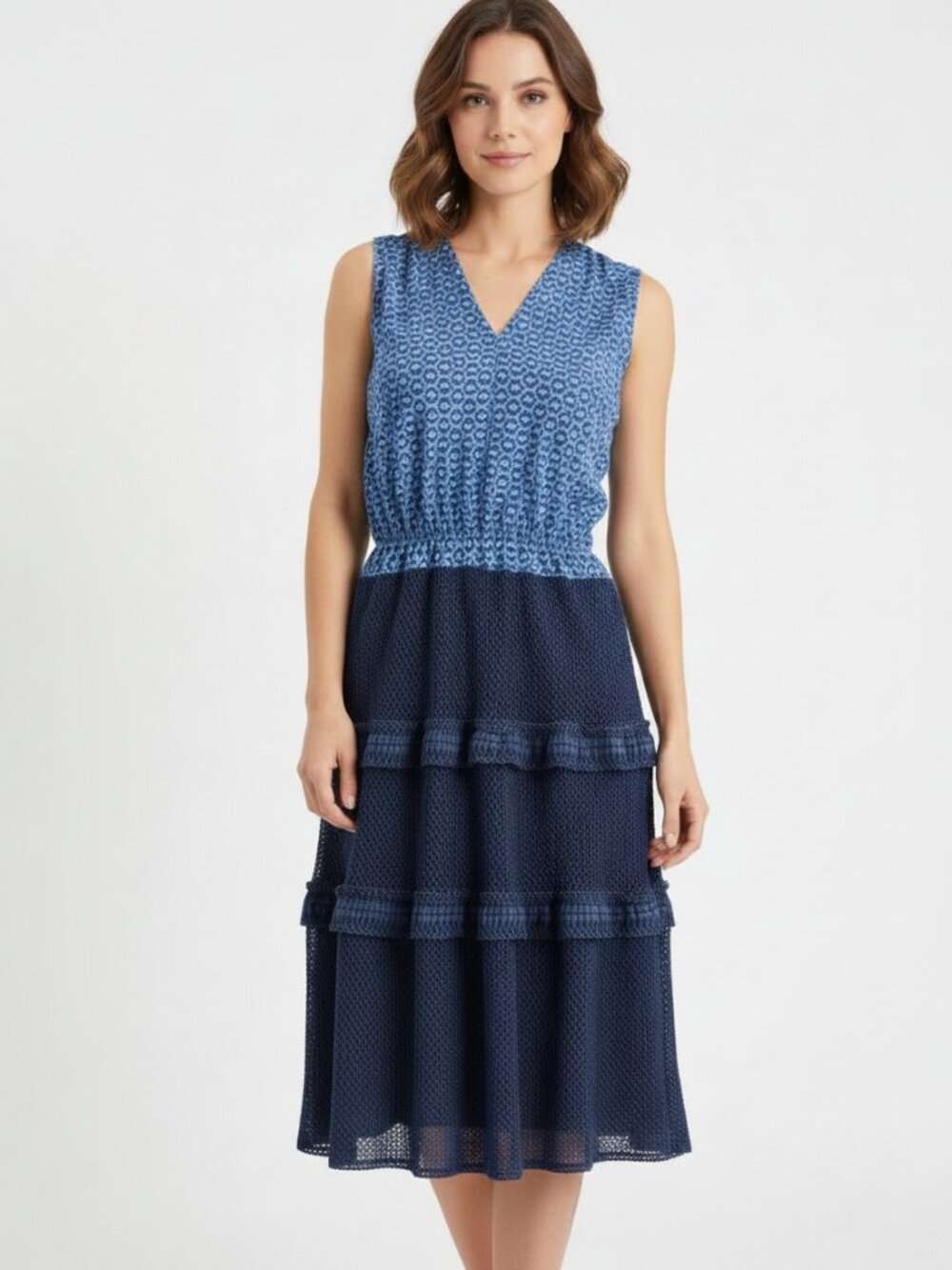 Maria Filó Blue Printed Mesh Tiered Dress Cutout Back Size Small